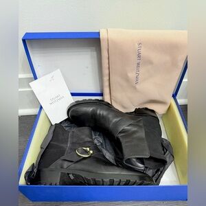 Stuart Weitzman Black Leather Buckle Combat Boots size 8.5